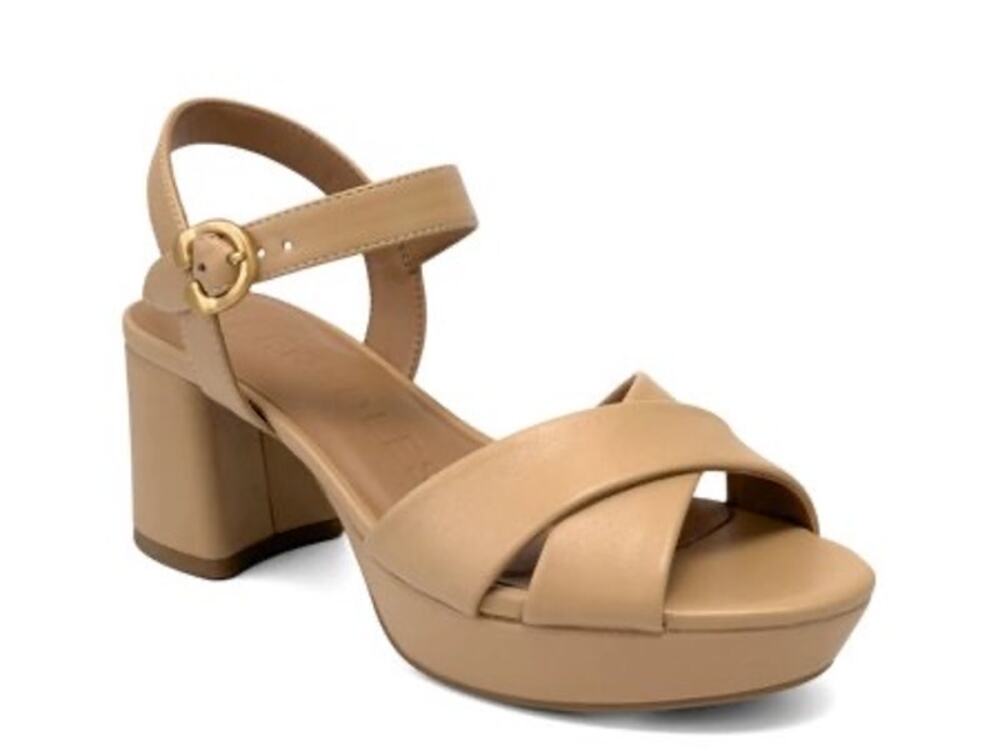 Aerosoles Sz 8 Charlye Beige Faux Leather Platform Block Heel Neutral Sandals